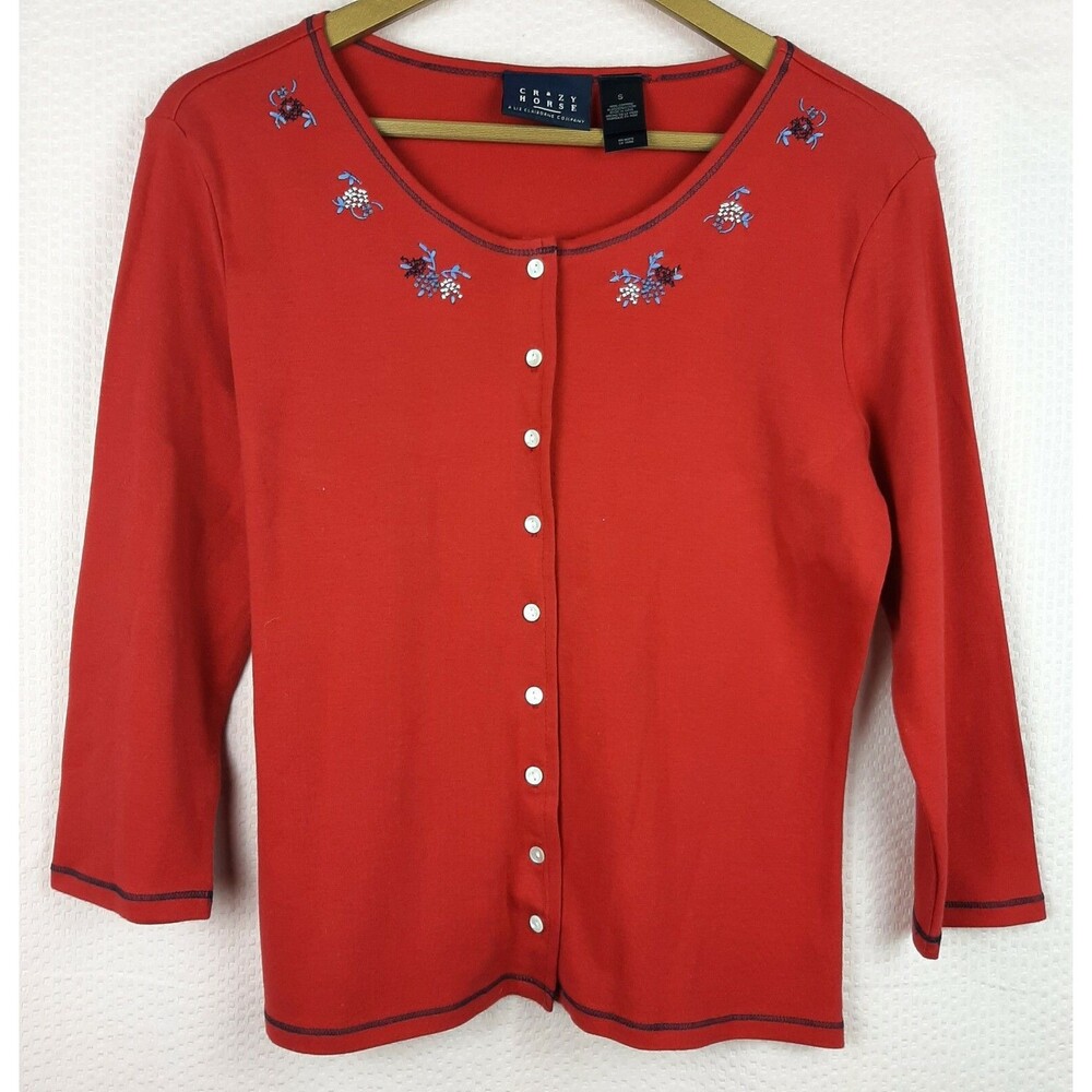 Crazy Horse Women Red Cardigan on Buttons 100% Cotton Knit with Embroidery Sz S